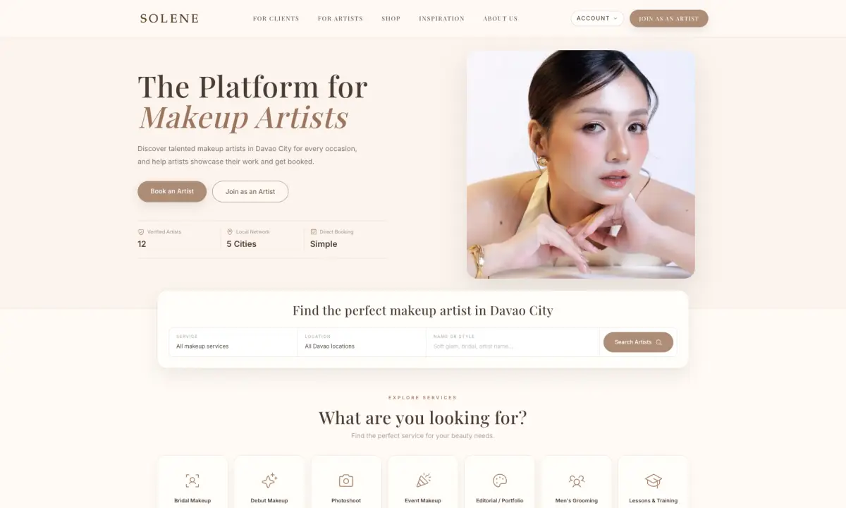 Solene makeup artist marketplace homepage preview